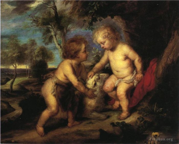 Theodore Clement Steele Oil Painting - The Christ Child and the Infant St John after Rubens Impressionist