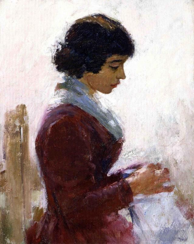 Theodore Robinson Oil Painting - Girl in Red Sewing