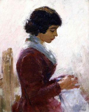 Artist Theodore Robinson's Work - Girl in Red Sewing