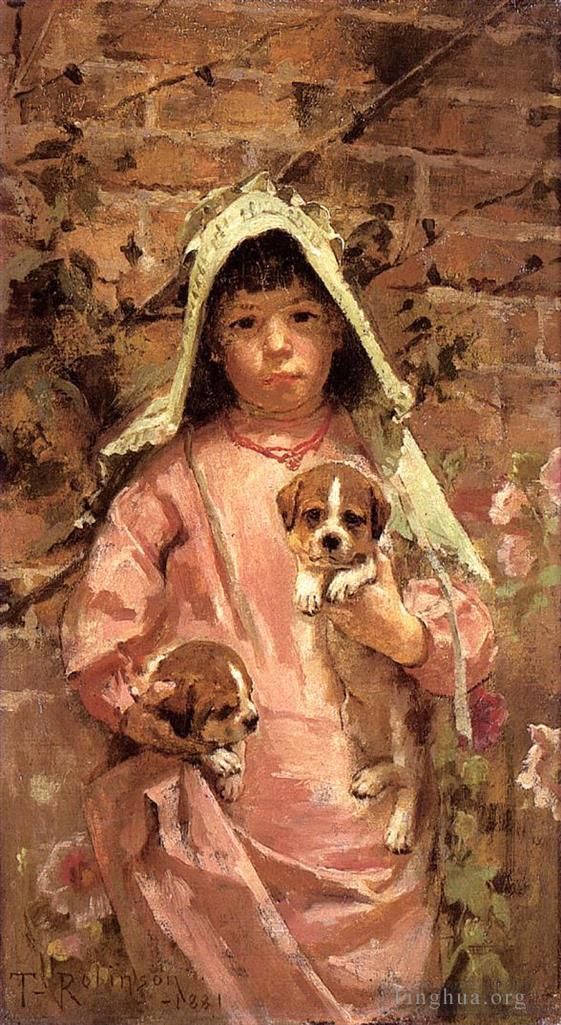 Theodore Robinson Oil Painting - Girl with Puppies