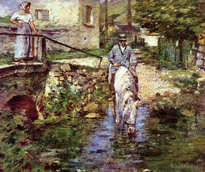 Theodore Robinson Oil Painting - Pere Trognon and His Daughter at the Bridge
