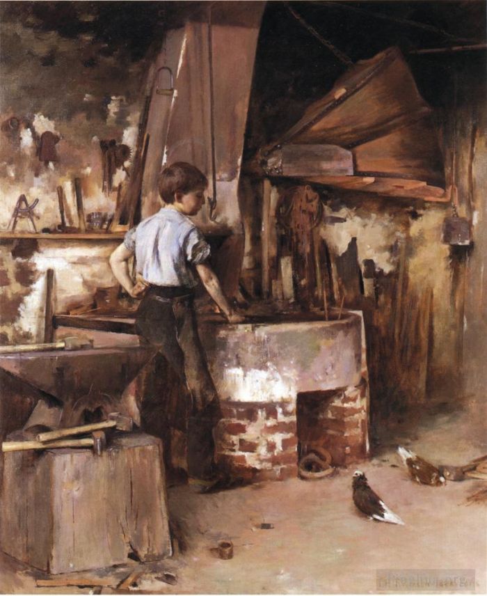 Theodore Robinson Oil Painting - The Apprentice Blacksmith