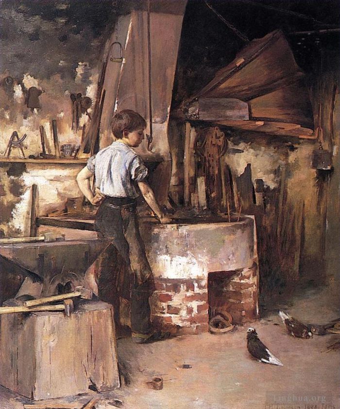 Theodore Robinson Oil Painting - The Forge aka An Apprentice Blacksmith