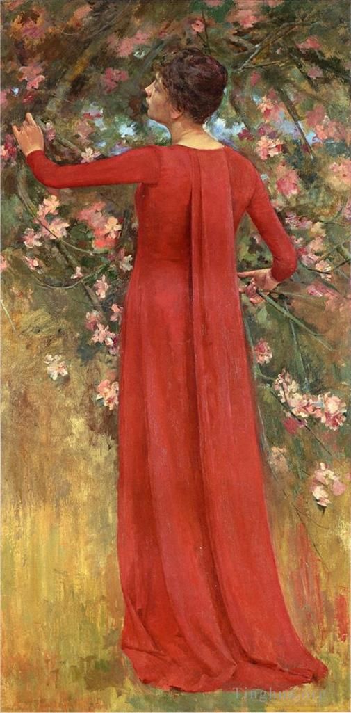 Theodore Robinson Oil Painting - The Red Gown aka His Favorite Model
