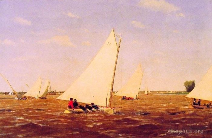 Thomas Cowperthwait Eakins Oil Painting - Sailboats Racing on the Deleware