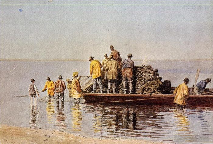 Thomas Cowperthwait Eakins Oil Painting - Taking up the Net
