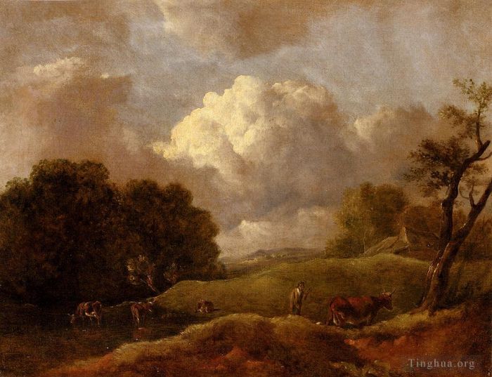 Thomas Gainsborough Oil Painting - An Extensive Landscape With Cattle And A Drover