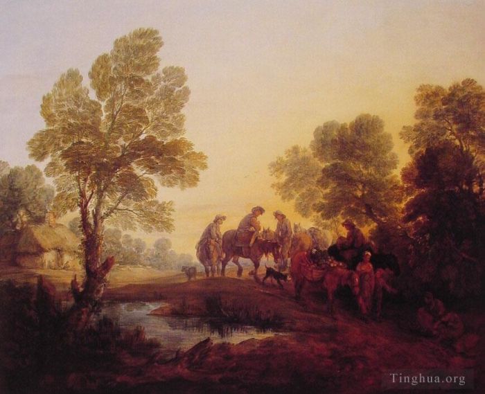 Thomas Gainsborough Oil Painting - Evening LandscapePeasants and Mounted Figures