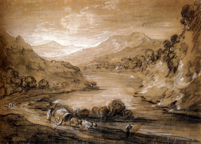 Thomas Gainsborough Oil Painting - Mountainous Landscape With Cart And Figures