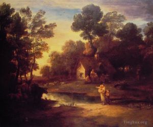 Artist Thomas Gainsborough's Work - Wooded Landscape with Cattle by a Pool and a Cottage
