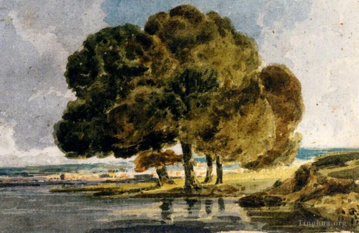 Thomas Girtin Various Paintings - Trees On A Riverbank
