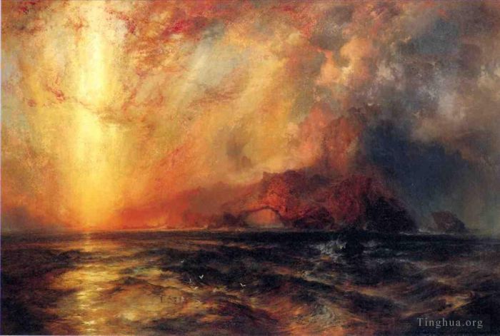 Thomas Moran Oil Painting - Fiercely the Red Sun Descending Burned His Way across the Heavens