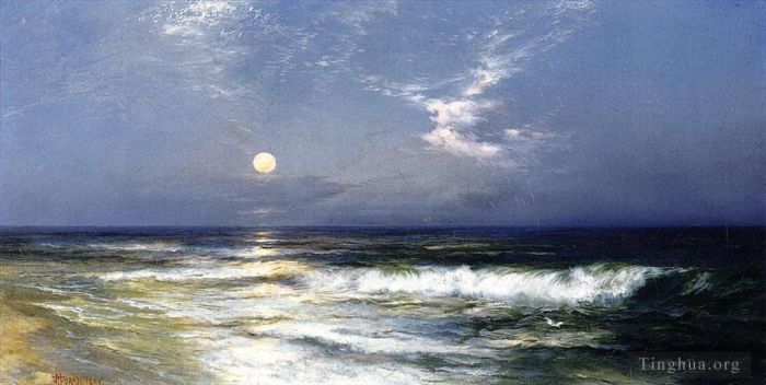 Thomas Moran Oil Painting - Moonlit Seascape Thomas Moran