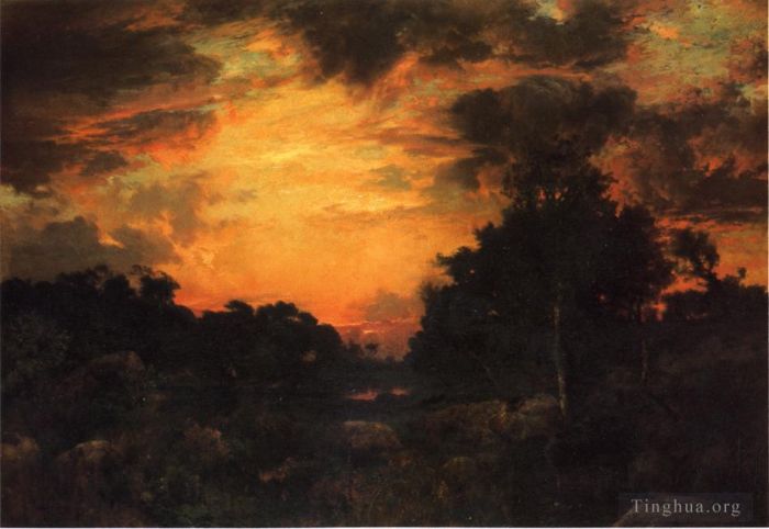 Thomas Moran Oil Painting - Sunset on Long Island