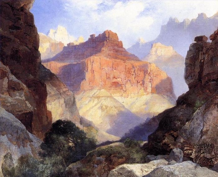 Thomas Moran Oil Painting - Under the Red Wall Grand Canyon of Arizona