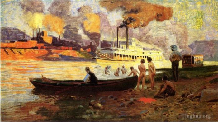 Thomas Pollock Anshutz Oil Painting - Steamboat on the Ohio 2