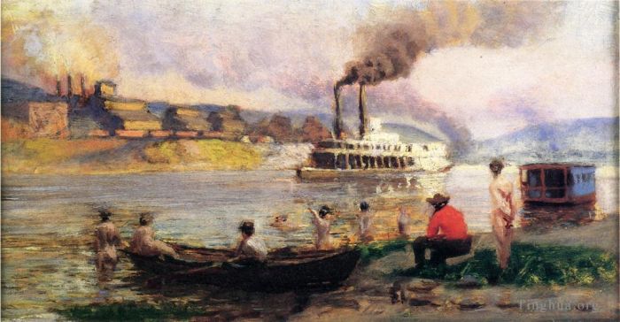 Thomas Pollock Anshutz Oil Painting - Steamboat on the Ohio