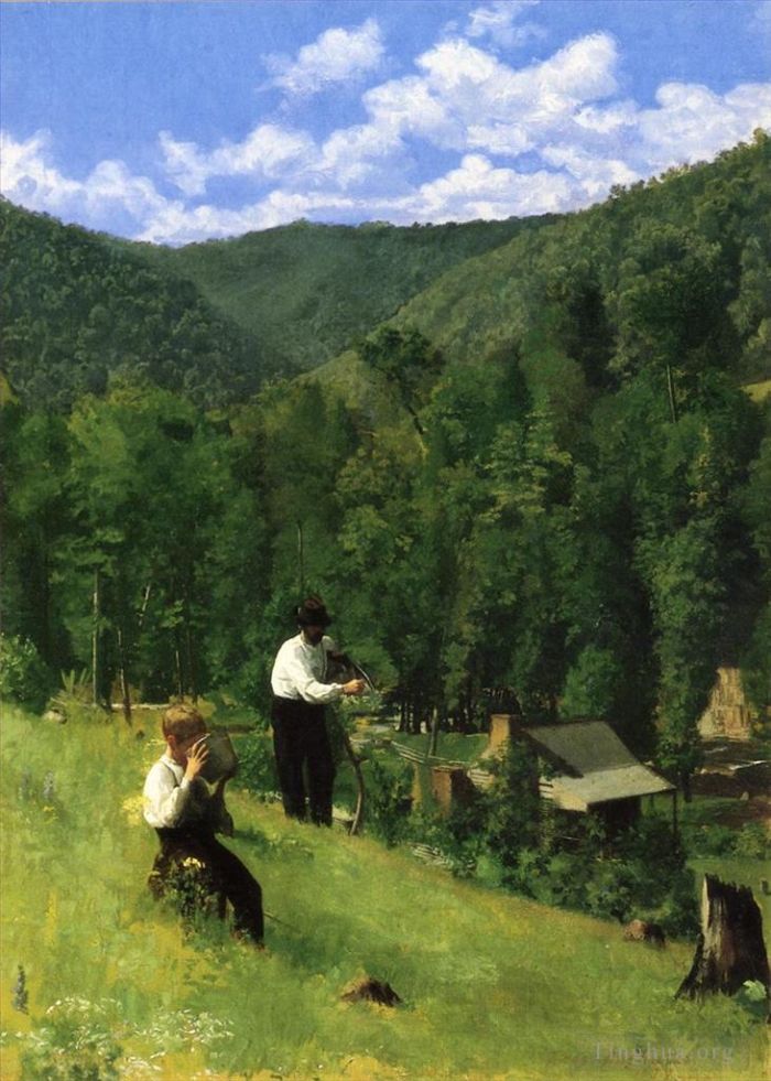 Thomas Pollock Anshutz Oil Painting - The Farmer and His Son at Harvesting