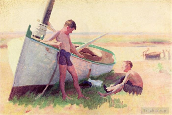 Thomas Pollock Anshutz Various Paintings - Two Boys by a Boat Near Cape May