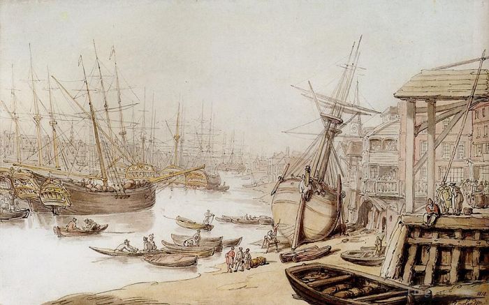 Thomas Rowlandson Various Paintings - A View On The Thames With Numerous Ships And Figures On The Wharf