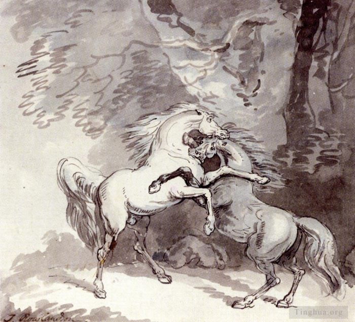 Thomas Rowlandson Various Paintings - Horses Fighting On A Woodland Path