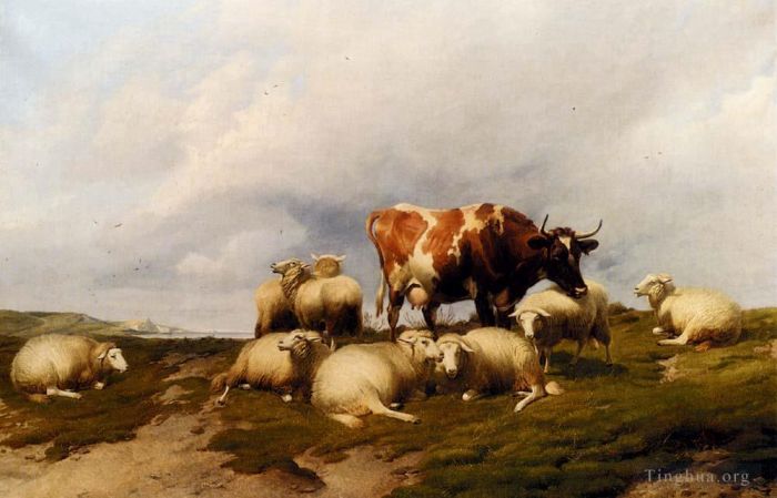 Thomas Sidney Cooper Oil Painting - A Cow And Sheep On The Cliffs