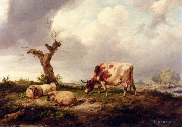Thomas Sidney Cooper Oil Painting - A Cow With Sheep In A Landscape