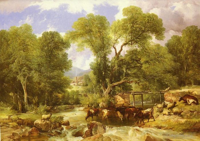 Thomas Sidney Cooper Oil Painting - A Wooded Ford