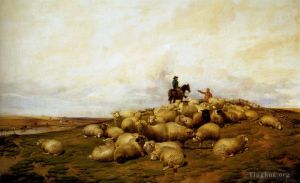 Artist Thomas Sidney Cooper's Work - A shepherd With His Flock sheep