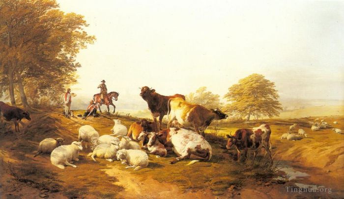 Thomas Sidney Cooper Oil Painting - Cattle And Sheep Resting In An Extensive Landscape