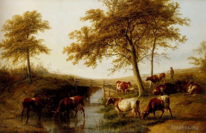 Thomas Sidney Cooper Oil Painting - Cattle Resting By A Brook