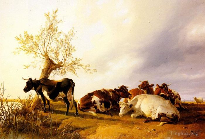 Thomas Sidney Cooper Oil Painting - Dairy Cows Resting