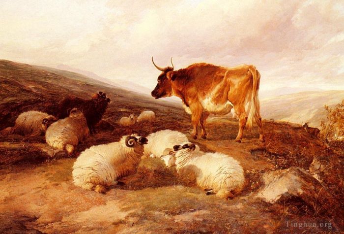 Thomas Sidney Cooper Oil Painting - Rams And A Bull In A Highland Landscape