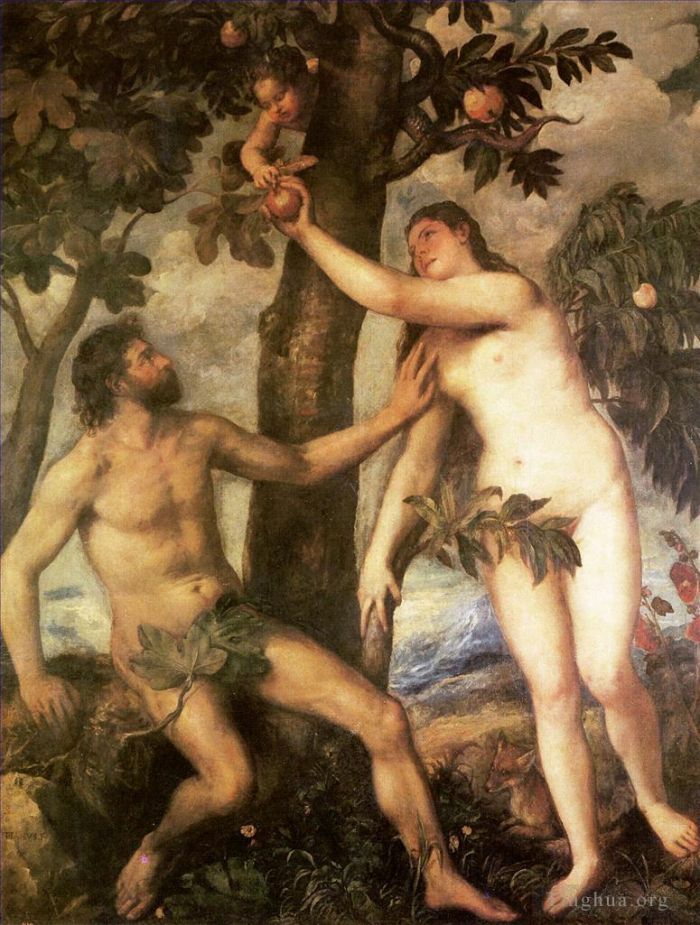 Titian Oil Painting - The fall of man 156nude