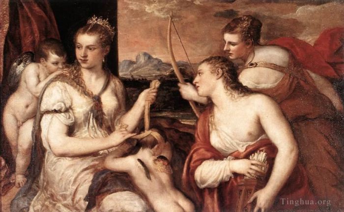 Titian Oil Painting - Venus Blindfolding Cupid nude