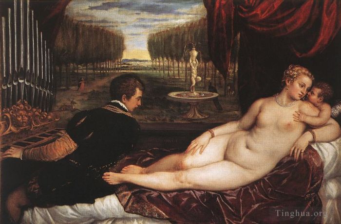 Titian Oil Painting - Venus with an Organist and Cupid (Venus and Musician or Venus with an Organist and a Dog)