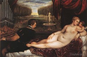 Artist Titian's Work - Venus with an Organist and Cupid (Venus and Musician or Venus with an Organist and a Dog)