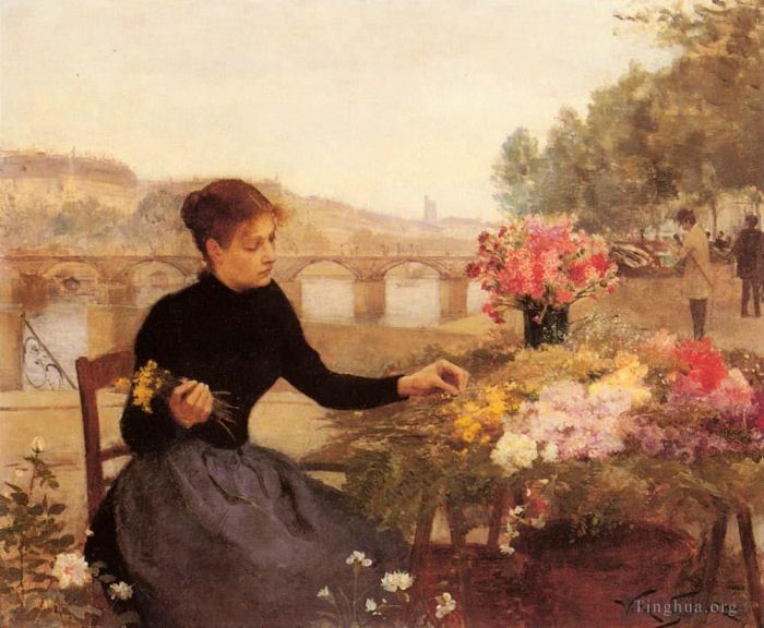 Victor Gabriel Gilbert Oil Painting - A Parisian Flower Market