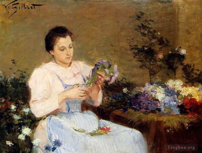 Victor Gabriel Gilbert Oil Painting - Arranging Flowers For A Spring Bouquet
