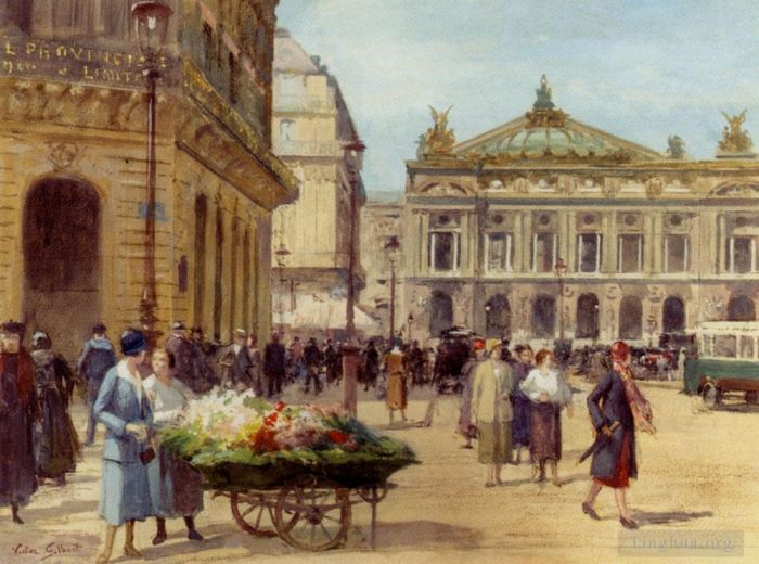 Victor Gabriel Gilbert Oil Painting - The Flower Seller Place De L Opera Paris