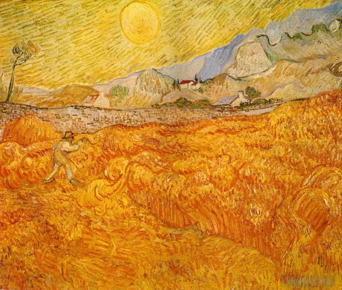 Vincent van Gogh Oil Painting - 4 Wheat Field behind Saint Paul Hospital with a Reaper