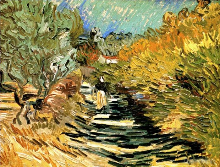 Vincent van Gogh Oil Painting - A Road in St Remy with Female Figures