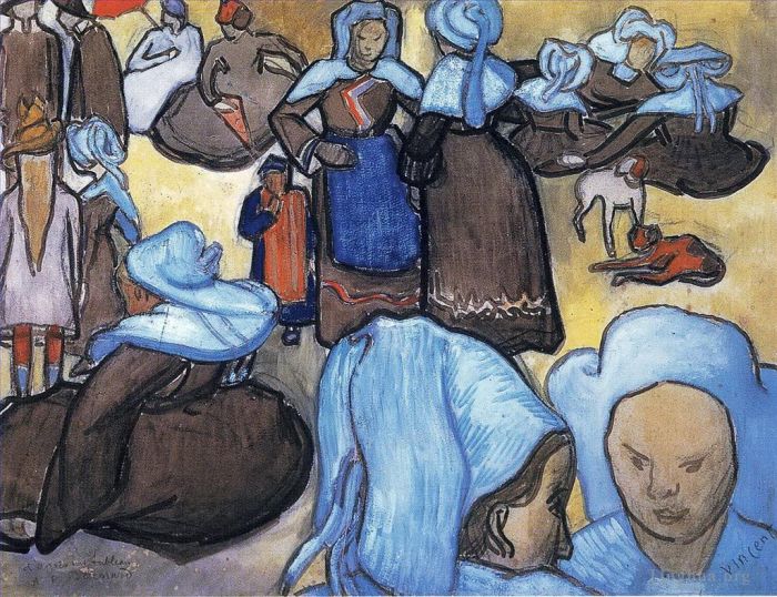 Vincent van Gogh Oil Painting - Breton Women in the Meadow