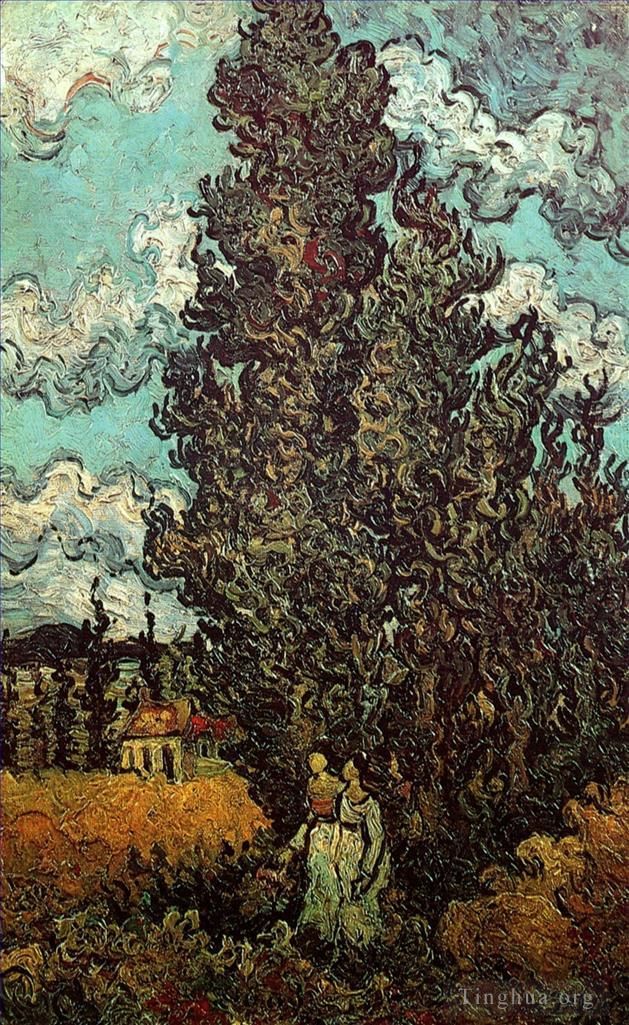 Vincent van Gogh Oil Painting - Cypresses and Two Women