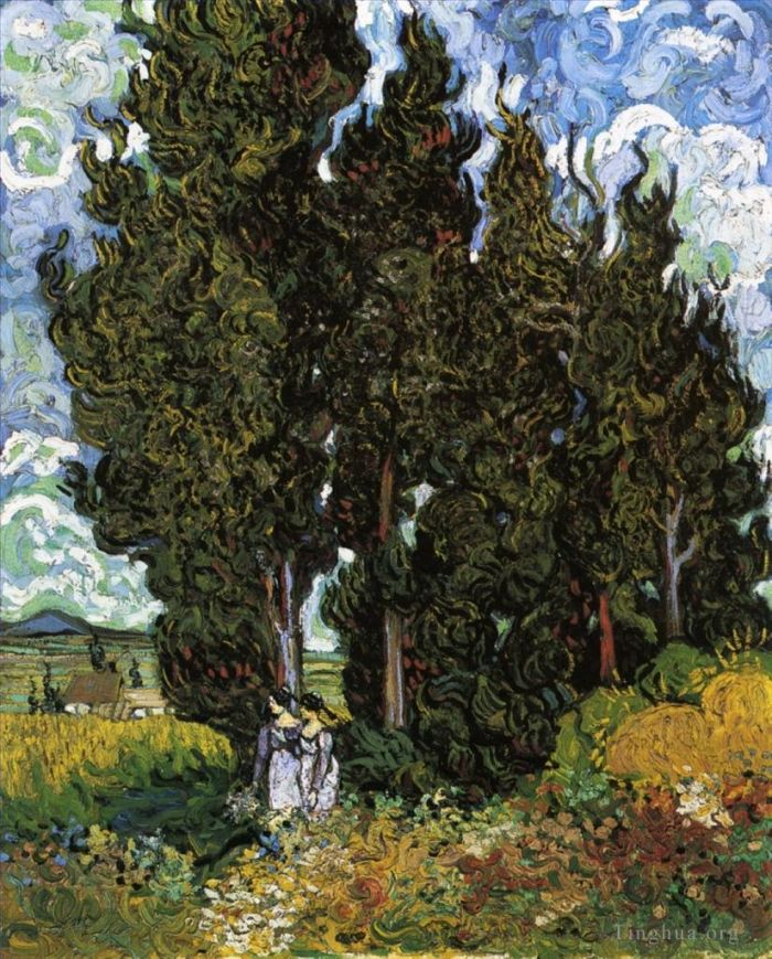 Vincent van Gogh Oil Painting - Cypresses with Two Women