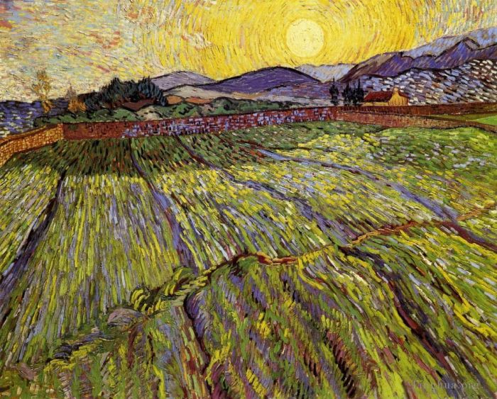 Vincent van Gogh Oil Painting - Enclosed field with rising sun