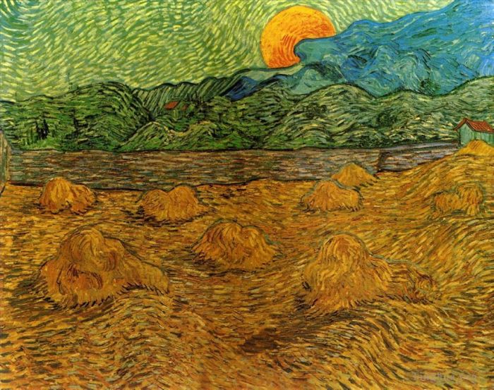 Vincent van Gogh Oil Painting - Evening Landscape with Rising Moon (Landscape with Wheat Sheaves and Rising Moon)