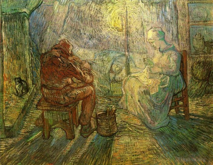 Vincent van Gogh Oil Painting - Evening The Watch after Millet