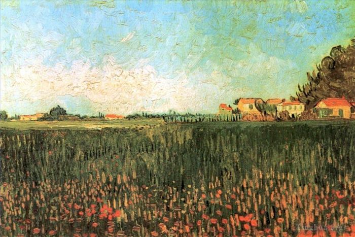 Vincent van Gogh Oil Painting - Farmhouses in a Wheat Field Near Arles