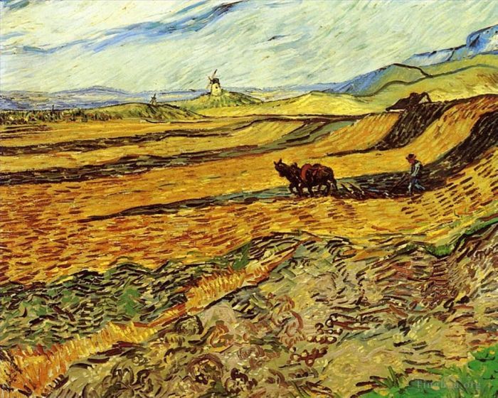 Vincent van Gogh Oil Painting - Field and Ploughman and Mill